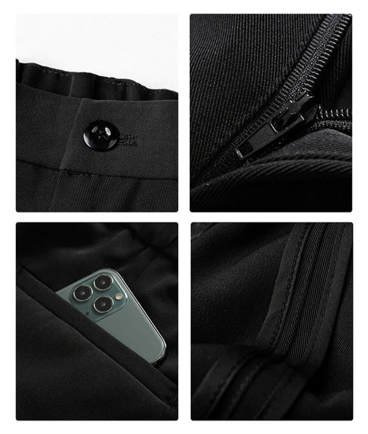 Nahaufnahme einer schwarzen Hose mit Reißverschluss, Knopf und Tasche, in der ein Smartphone steckt. Hochwertige Verarbeitung, modisches Design.