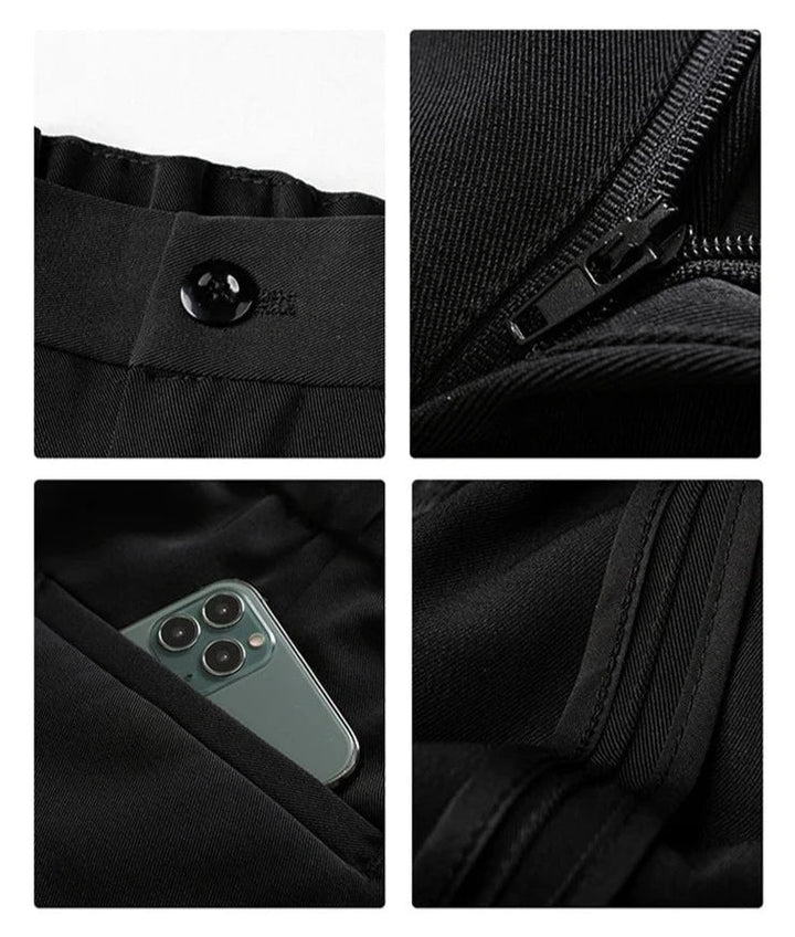 Nahaufnahme einer schwarzen Hose mit Reißverschluss, Knopf und Tasche, in der ein Smartphone steckt. Hochwertige Verarbeitung, modisches Design.