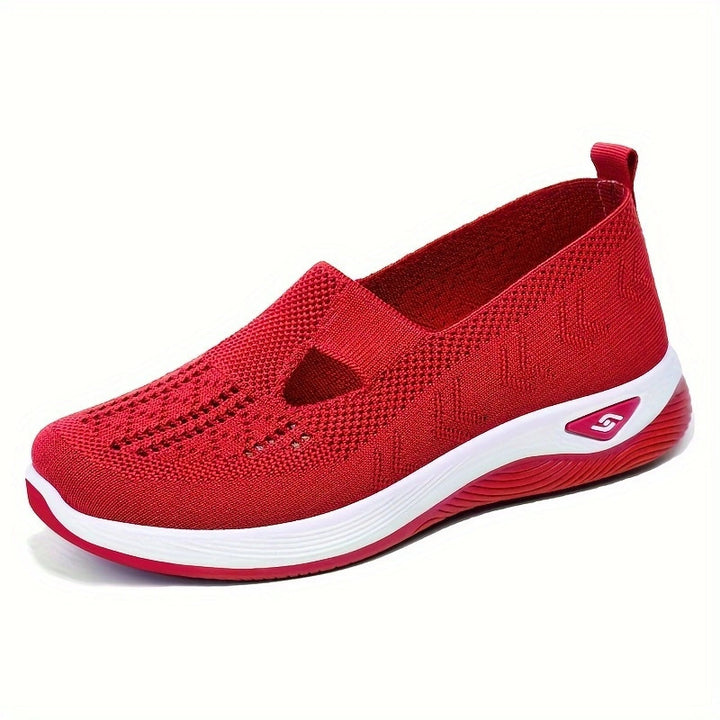 Roter Damen-Sneaker mit atmungsaktivem Strick-Obermaterial, rutschfester Sohle und elastischem Einstieg. Bequemer Freizeitschuh für Alltag und Sport.