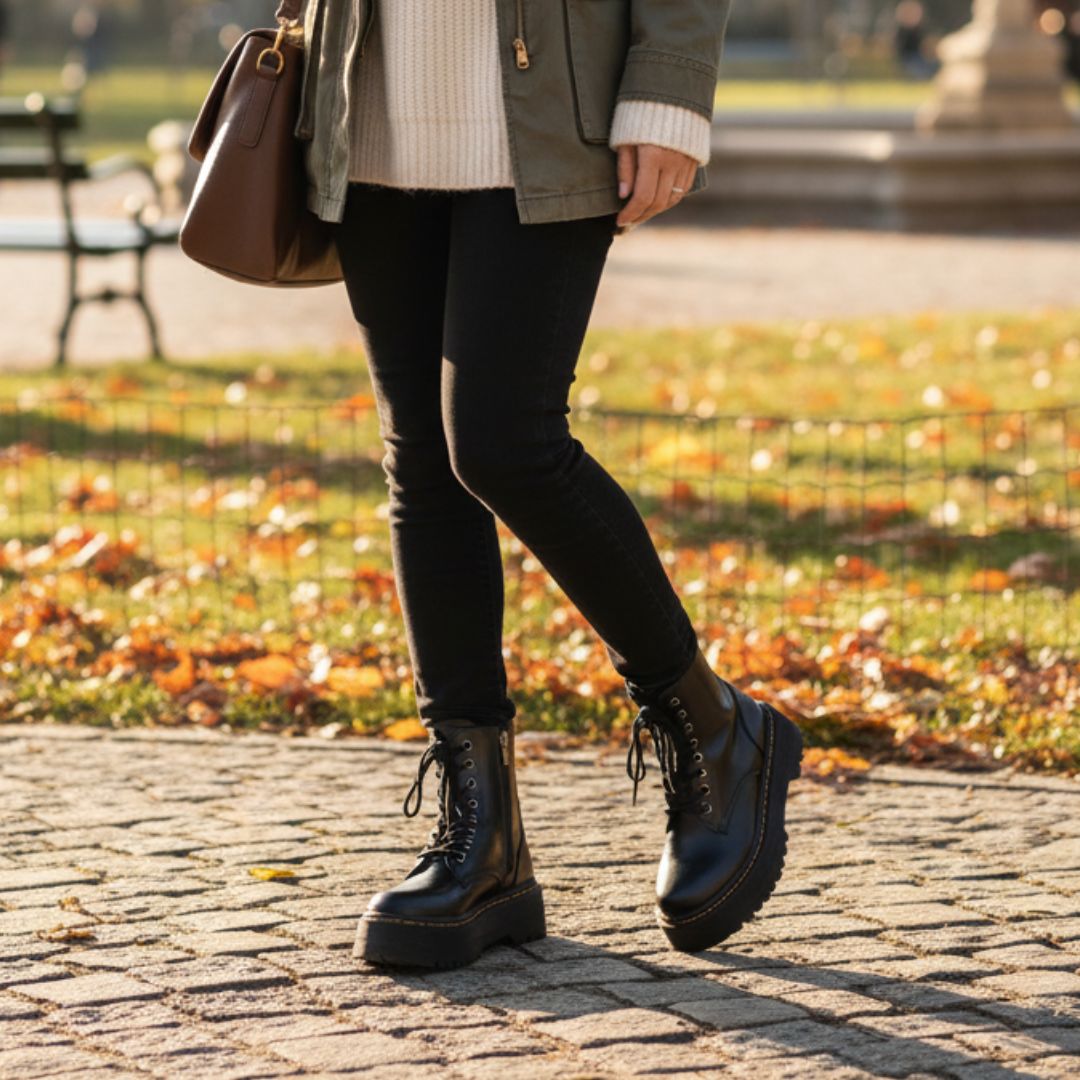Damen Schnürstiefel Schwarz - Trendige Herbst Boots