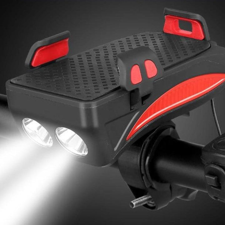 Fahrrad Handyhalterung 4-in-1 LED Licht Powerbank - Fahrradlicht Herbst dunkel Beleuchtung Klingel