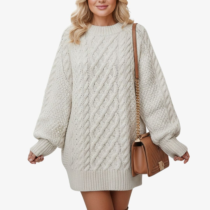 Oversize Strickkleid mit Zopfmuster - Grobstrick Damen Pulloverkleid - Lässiges Minikleid für Herbst/Winter