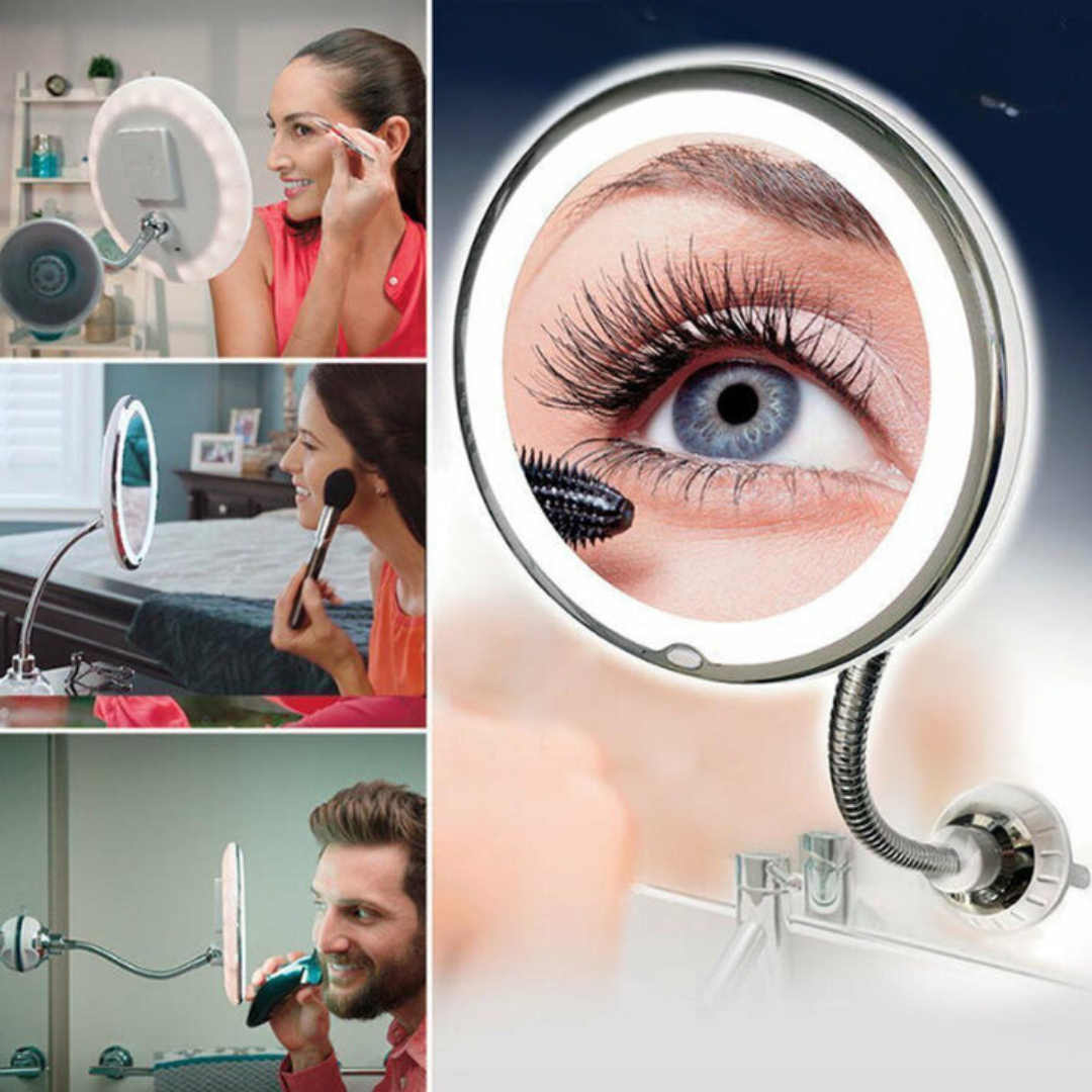 Vergrößerungsspiegel mit LED-Beleuchtung, flexibel einstellbar, ideal für präzises Make-up und Rasur. Perfekt für Badezimmer und Schminktisch.