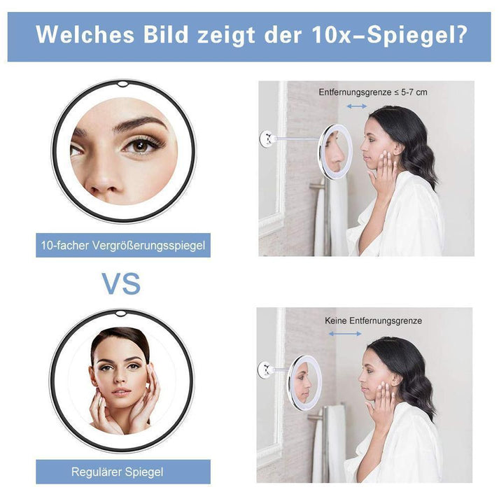 Vergleich von 10-fachem Vergrößerungsspiegel und regulärem Spiegel, Frau betrachtet ihr Gesicht im Spiegel, Nahaufnahme, Entfernungshinweise.