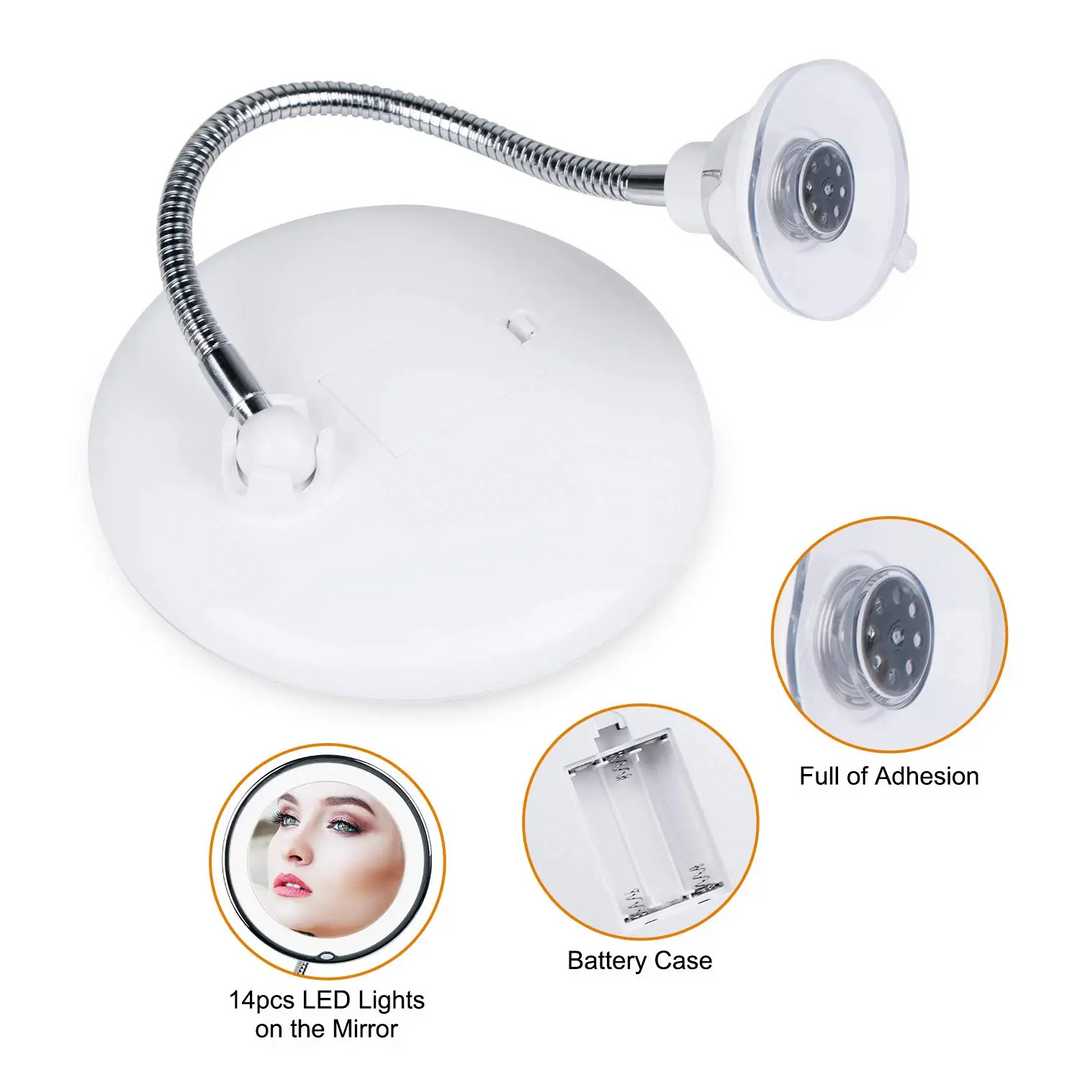 LED-Schminkspiegel mit flexiblem Schwanenhals, Saugnapfhalterung, 14 LED-Lichtern, batteriebetrieben, ideal für präzises Make-up und Rasur.