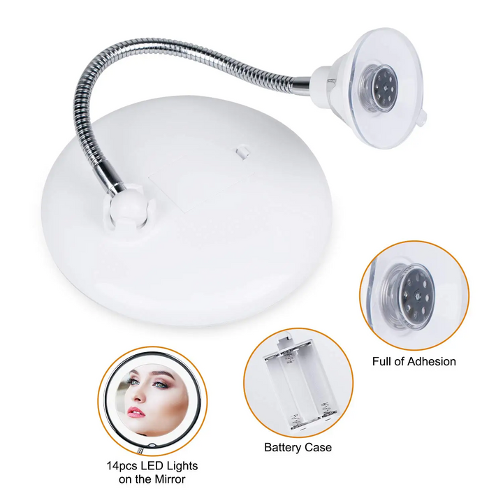 LED-Schminkspiegel mit flexiblem Schwanenhals, Saugnapfhalterung, 14 LED-Lichtern, batteriebetrieben, ideal für präzises Make-up und Rasur.