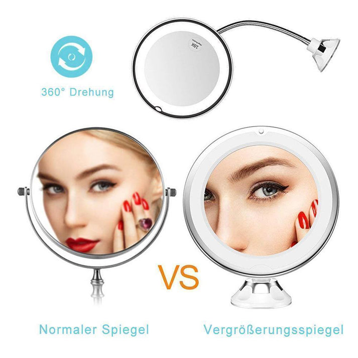 Vergleich von normalem Spiegel und Vergrößerungsspiegel mit 360° Drehung, zeigt Frau beim Schminken. Ideal für präzises Make-up und Kosmetik.