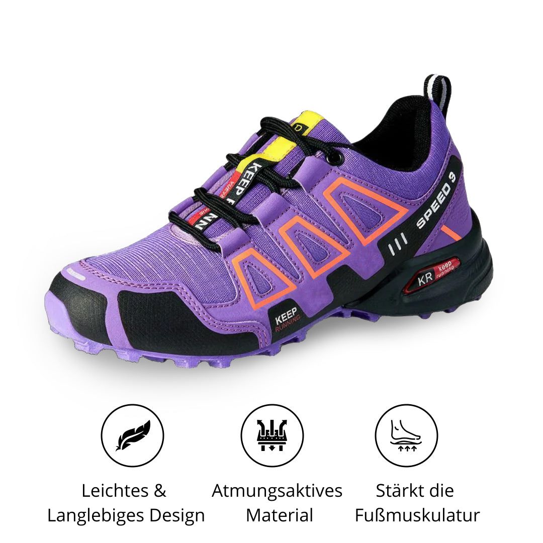 Lila Trailrunning-Schuh mit atmungsaktivem Material, robustem Design und rutschfester Sohle. Ideal für Outdoor-Sport und Fußmuskulatur-Stärkung.