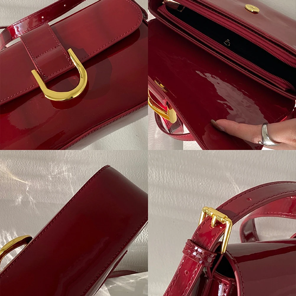 Rote Lacklederhandtasche mit goldener Schnalle, Innenansicht mit Reißverschlussfach, Detailansicht der glänzenden Oberfläche und des verstellbaren Riemens.