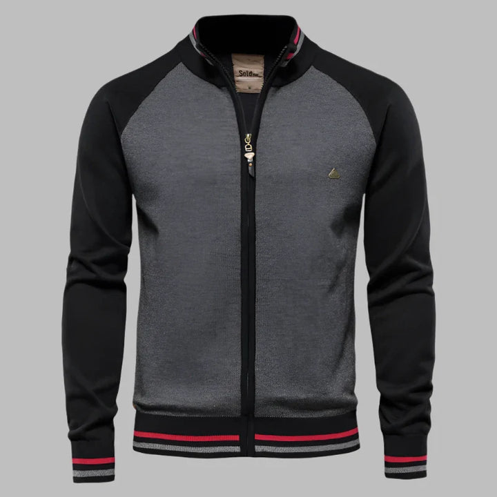 Graue und schwarze Herrenjacke mit Reißverschluss, Stehkragen und roten Streifen. Modische Freizeitjacke, ideal für Herbst und Winter.