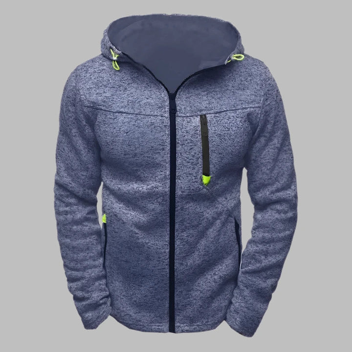 Graue Fleecejacke mit Kapuze und Reißverschluss, sportlich, warm, ideal für Outdoor-Aktivitäten. Herrenmode, funktional, bequem, modern.