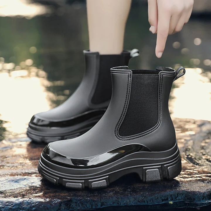 Regenstiefel für den Herbst - Wasserdichte Chelsea Gummistiefel mit Chunky Platform-Sohle für Damen