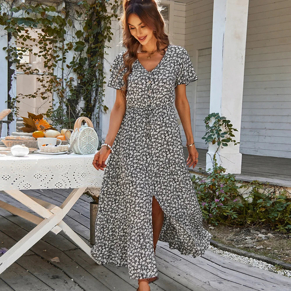 Sommerkleid für Damen - Vintage florales Maxikleid mit Kurzärmeln