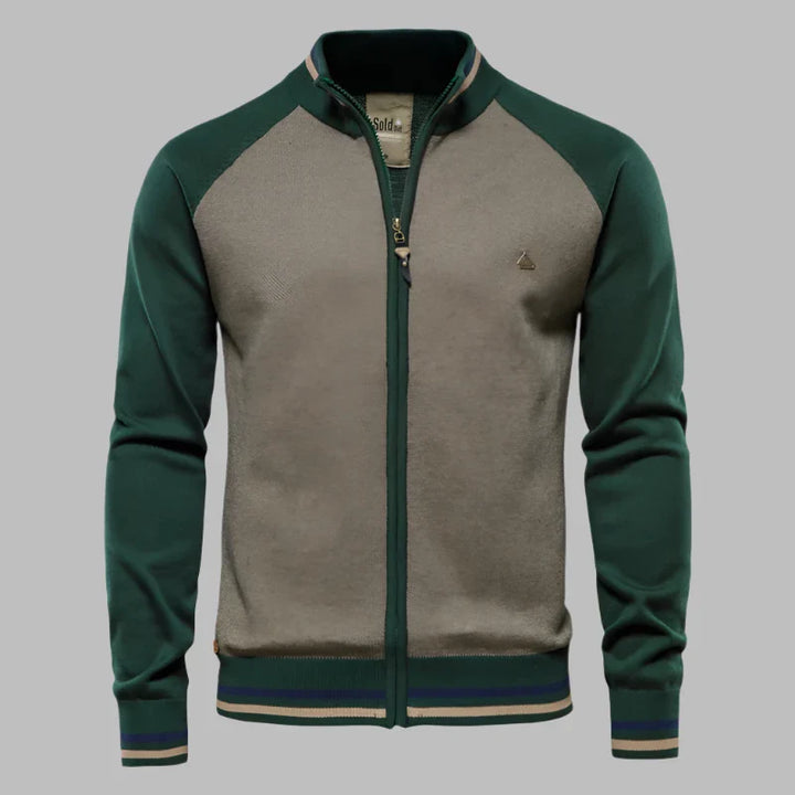 Grüne und graue Herren-Trainingsjacke mit Reißverschluss, Stehkragen und gestreiften Bündchen. Sportliche Mode, bequeme Freizeitkleidung.
