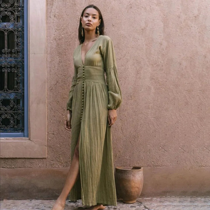Lina Sommerkleid | Langes, schickes Damenkleid mit langen Ärmeln und V-Ausschnitt