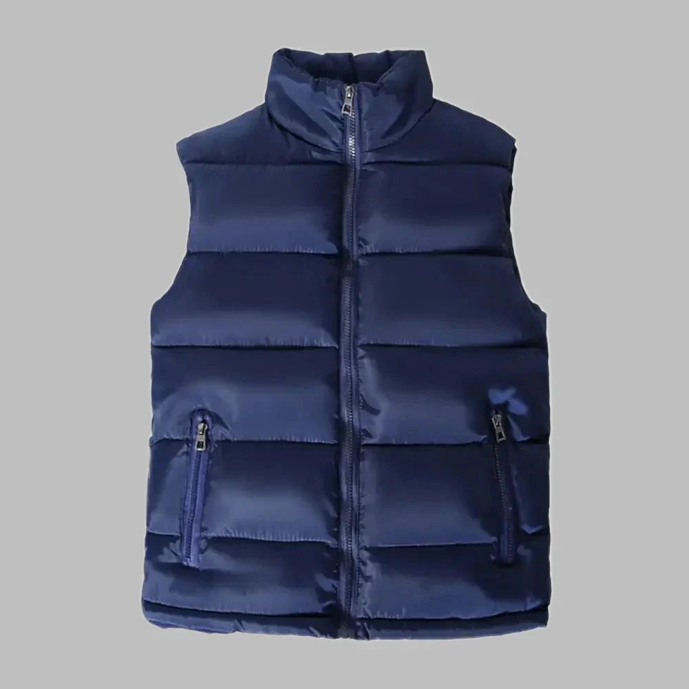 Dunkelblaue Steppweste mit Reißverschluss, ärmellos, isoliert, modisch, ideal für Herbst und Winter. Perfekt für Outdoor-Aktivitäten.