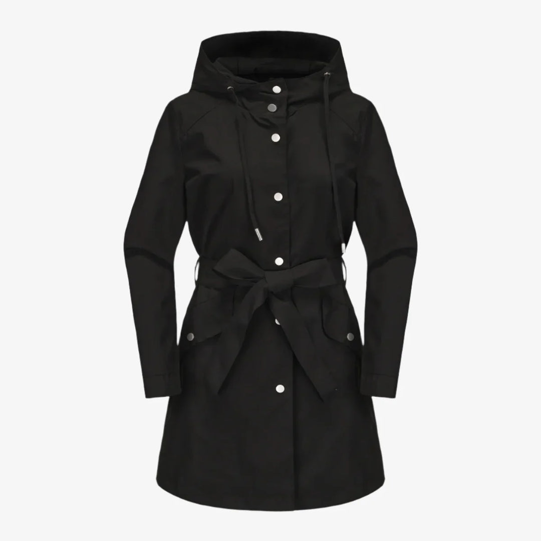 Regenjacke für den Herbst -  Wasserfeste Knielange Übergangsjacke mit Gürtel und Kapuze für Damen