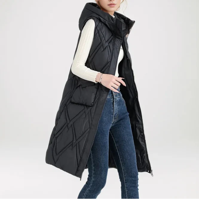 Lange Steppweste für kalte Tage - Puffer Daunenweste mit Kapuze für Damen
