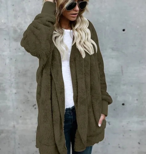 Fleecejacke für den kalte Tage - Lange Teddyjacke mit Kapuze für Damen