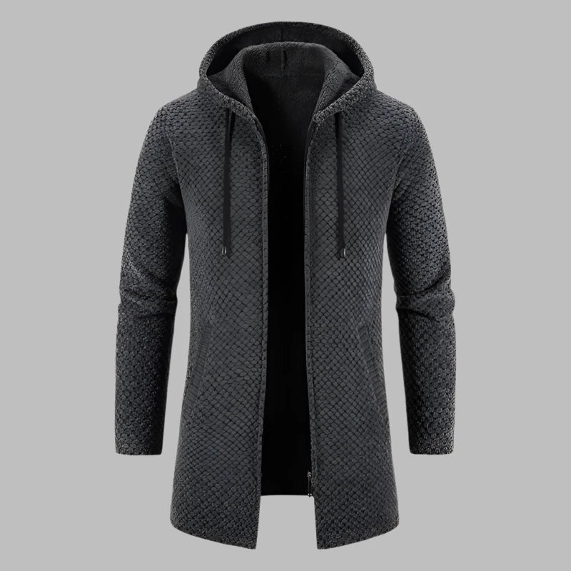 Grauer Herren-Strickmantel mit Kapuze, Reißverschluss und strukturiertem Muster. Modischer, warmer Wintermantel für Herren.