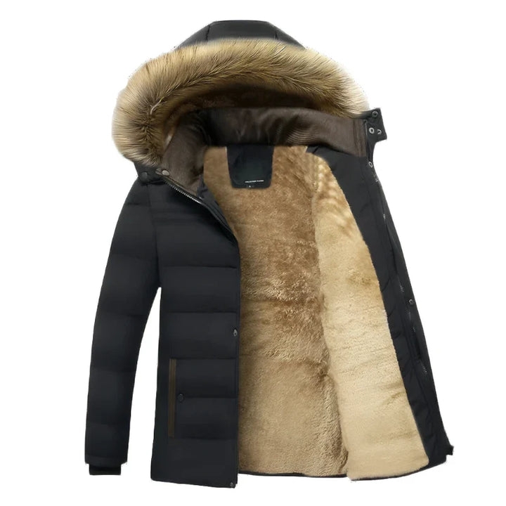 Schwarzer Wintermantel mit Kapuze und Kunstfellfutter, warm und stilvoll, ideal für kalte Temperaturen. Perfekt für Herrenmode im Winter.