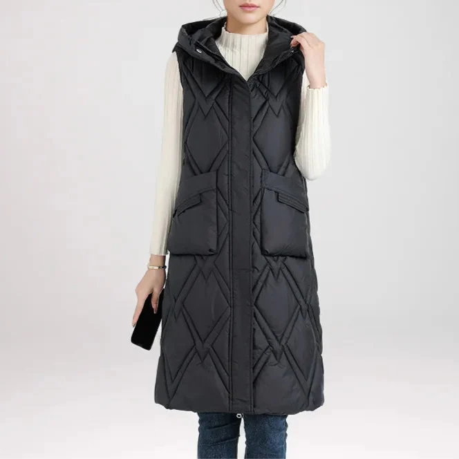 Lange Steppweste für kalte Tage - Puffer Daunenweste mit Kapuze für Damen