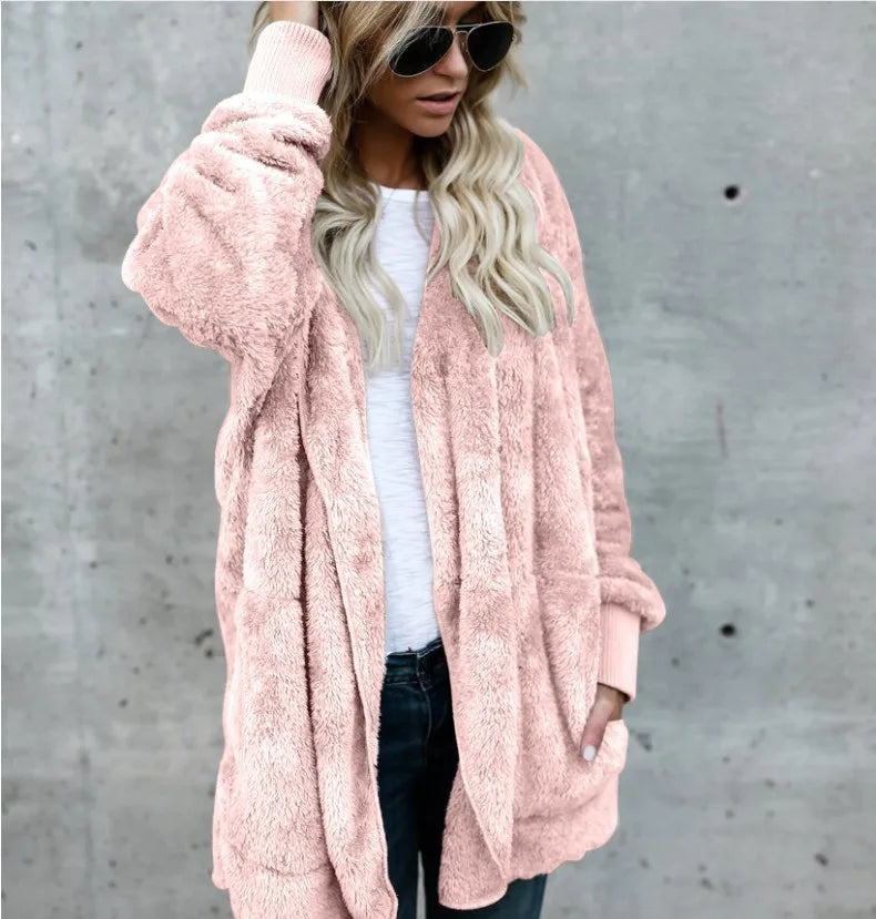 Fleecejacke für den kalte Tage - Lange Teddyjacke mit Kapuze für Damen