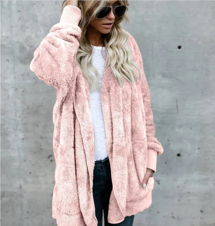 Fleecejacke für den kalte Tage - Lange Teddyjacke mit Kapuze für Damen