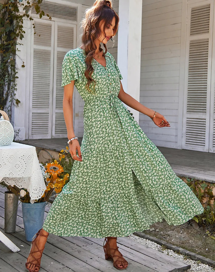 Sommerkleid für Damen - Vintage florales Maxikleid mit Kurzärmeln