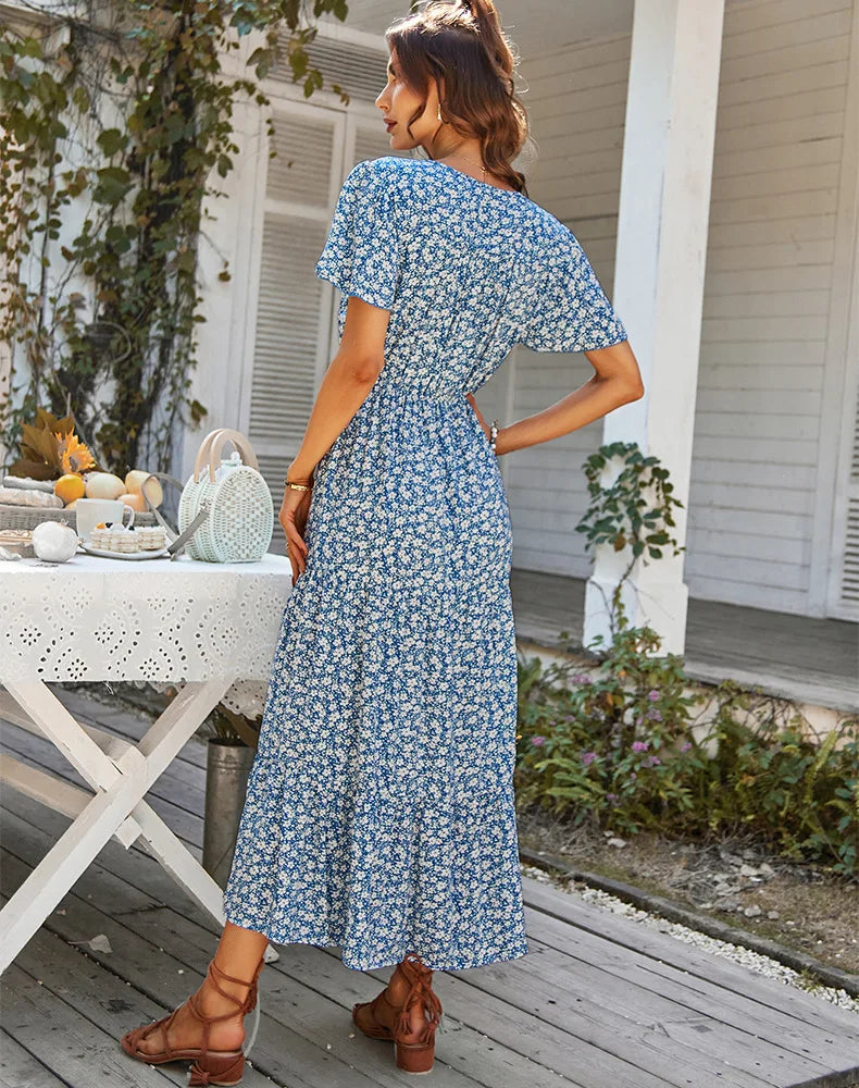 Sommerkleid für Damen - Vintage florales Maxikleid mit Kurzärmeln