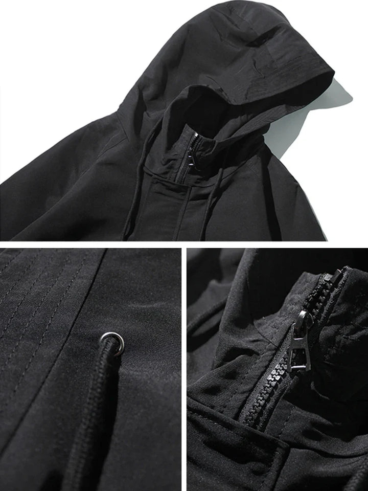 Schwarzer Kapuzenpullover mit Reißverschluss, Nahaufnahme der Details. Modischer Hoodie, Unisex, ideal für Herbst und Winter.