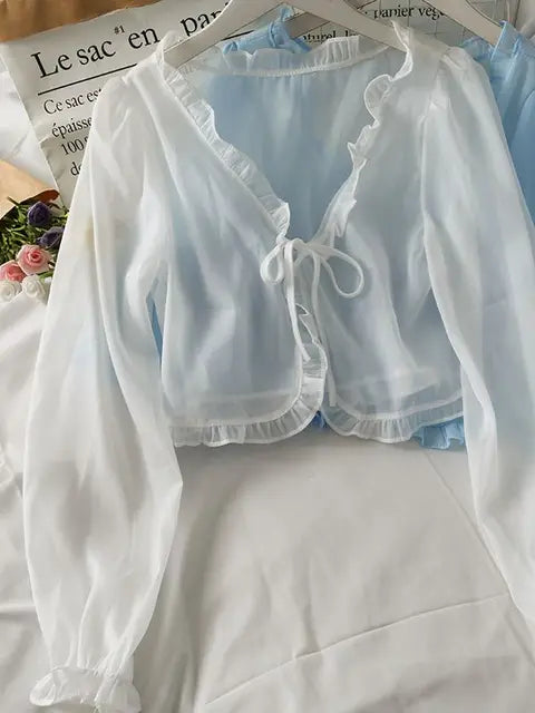 Aileen Transparent Bluse | Sommerleichte Langarmspitzenbluse mit Schleife für Damen