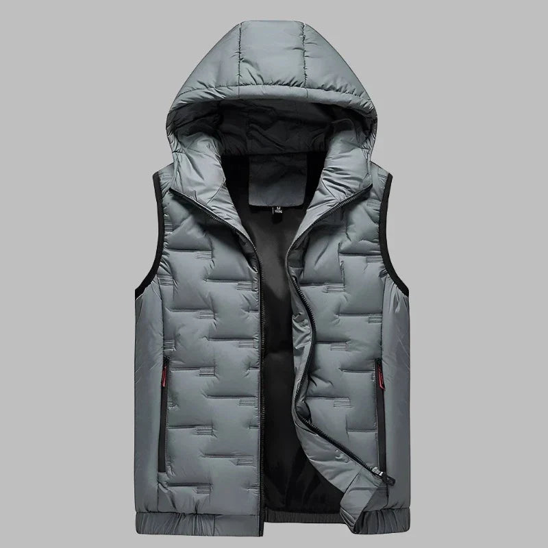 Graue Herren-Daunenweste mit Kapuze, ärmellos, Reißverschluss, gesteppte Optik. Ideal für Outdoor-Aktivitäten und kaltes Wetter.
