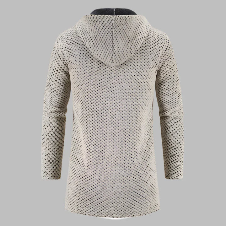 Hellgrauer Strickpullover mit Kapuze, Rückansicht. Modischer Herren-Hoodie, ideal für Herbst und Winter. Bequemes, stilvolles Design.