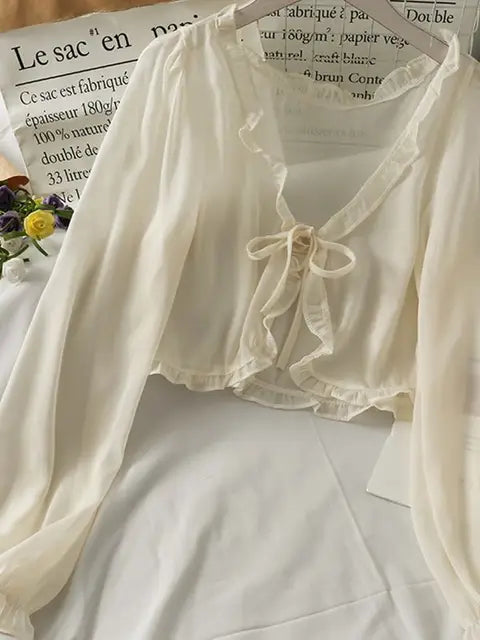 Aileen Transparent Bluse | Sommerleichte Langarmspitzenbluse mit Schleife für Damen