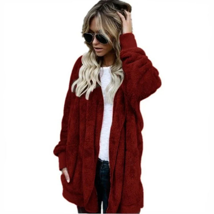 Fleecejacke für den kalte Tage - Lange Teddyjacke mit Kapuze für Damen
