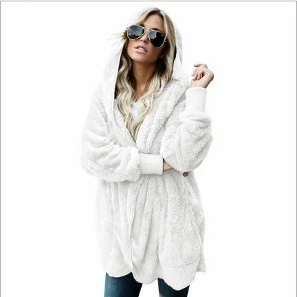 Fleecejacke für den kalte Tage - Lange Teddyjacke mit Kapuze für Damen
