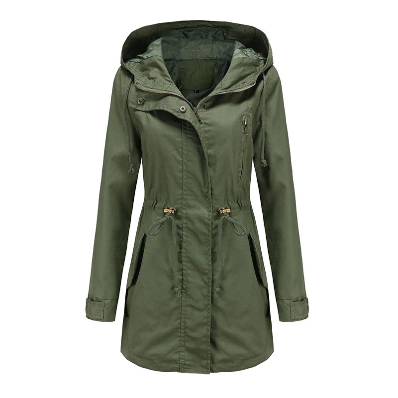 Regenjacke für den Herbst -  Wasserfeste Lange Übergangsjacke mit Kapuze für Damen
