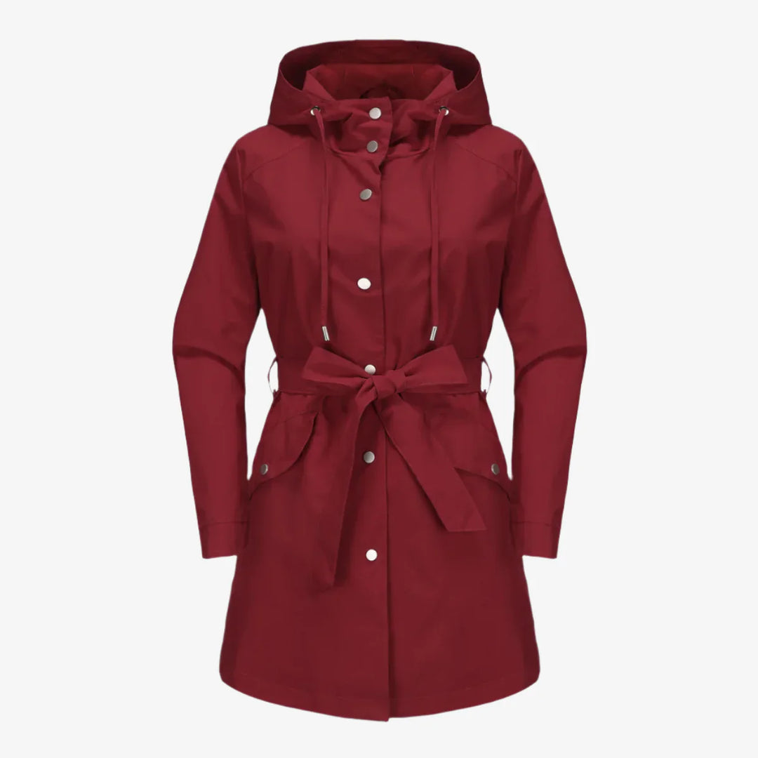 Regenjacke für den Herbst -  Wasserfeste Knielange Übergangsjacke mit Gürtel und Kapuze für Damen