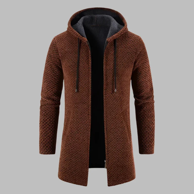 Brauner Herrenmantel mit Kapuze, gestricktes Design, Reißverschluss, modisch und warm, ideal für Herbst und Winter.