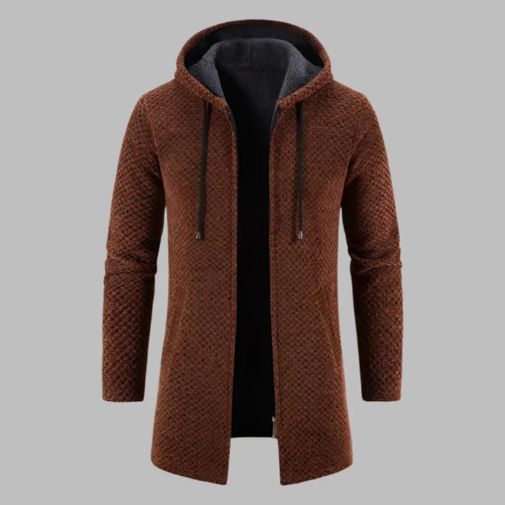 Brauner Herrenmantel mit Kapuze, gestricktes Design, Reißverschluss, modisch und warm, ideal für Herbst und Winter.
