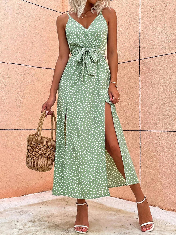 Sommerkleid für Damen - Elegantes Maxikleid mit V-Ausschnitt und Schlitz