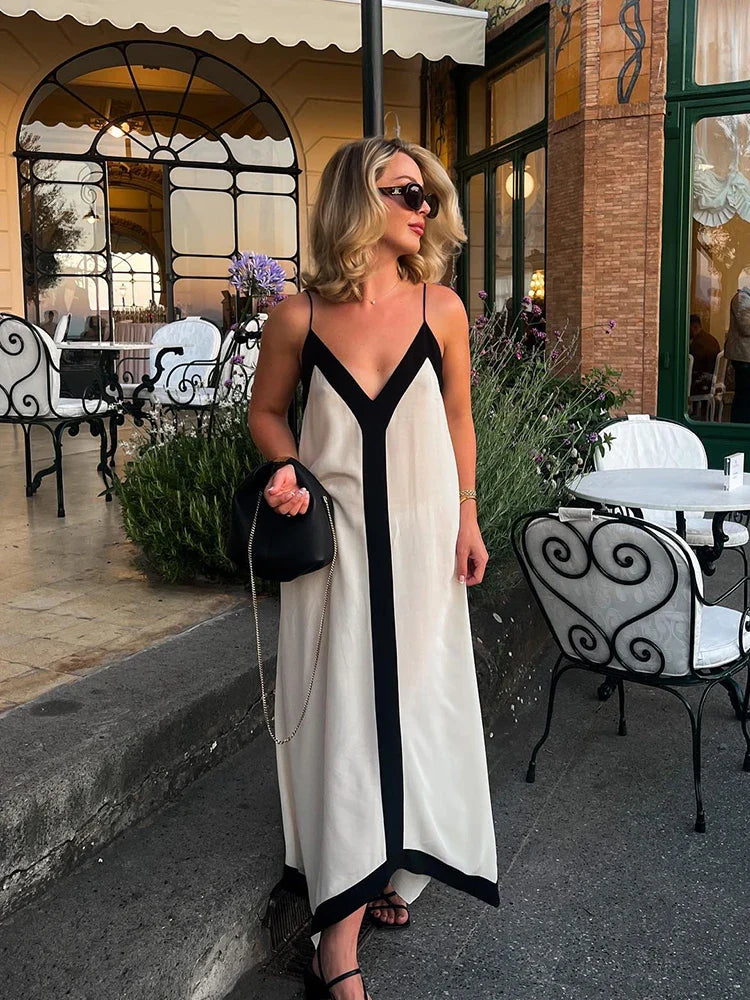 Marina Maxikleid | Rückenfreies modernes Trägerkleid mit V-Ausschnitt für Damen im Sommer