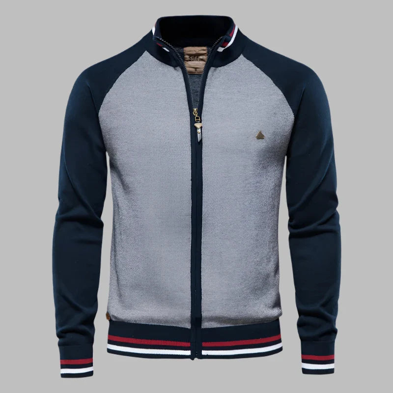 Dunkelblau-graue Herrenjacke mit Reißverschluss, gestreiftem Kragen und Bündchen. Modische Freizeitjacke, ideal für Herbst und Winter.