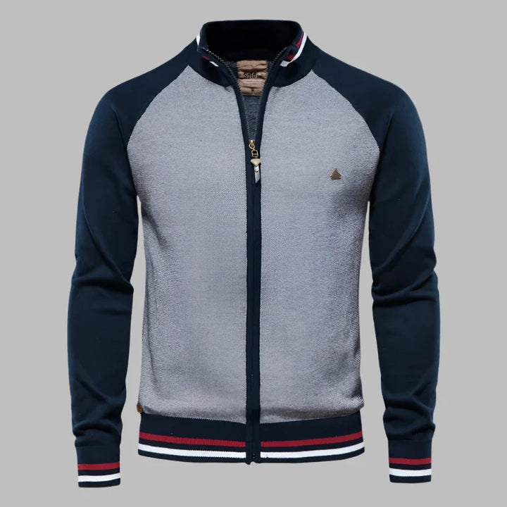 Dunkelblau-graue Herrenjacke mit Reißverschluss, gestreiftem Kragen und Bündchen. Modische Freizeitjacke, ideal für Herbst und Winter.