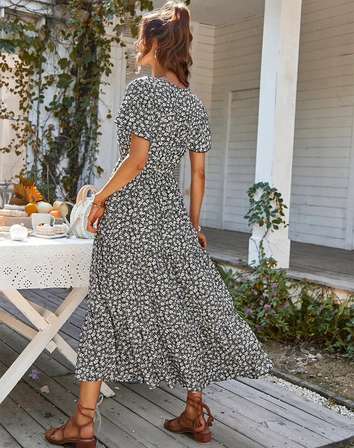 Sommerkleid für Damen - Vintage florales Maxikleid mit Kurzärmeln