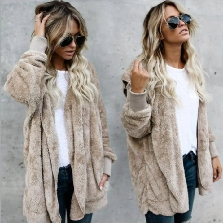 Fleecejacke für den kalte Tage - Lange Teddyjacke mit Kapuze für Damen