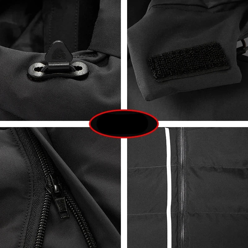 Schwarze Outdoor-Jacke Details: Reißverschluss, Klettverschluss, Kordelzug, reflektierende Streifen. Funktionale, wetterfeste Bekleidung für Outdoor-Aktivitäten.