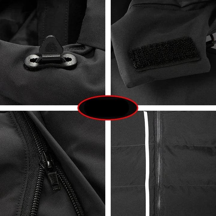 Schwarze Outdoor-Jacke Details: Reißverschluss, Klettverschluss, Kordelzug, reflektierende Streifen. Funktionale, wetterfeste Bekleidung für Outdoor-Aktivitäten.