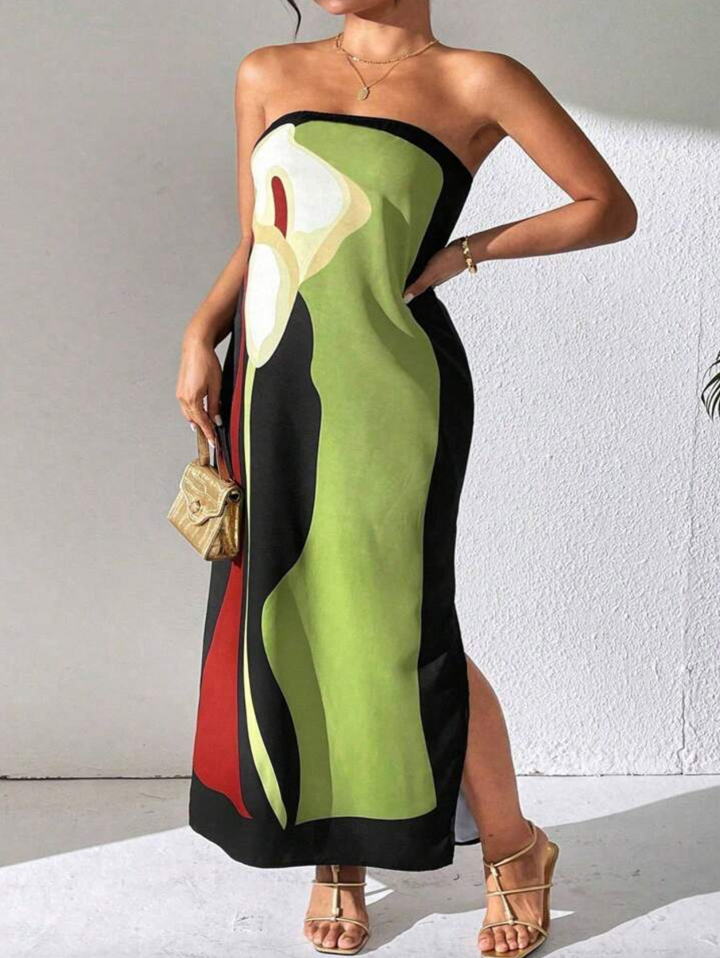 Sommerkleid für Damen - Elegantes Bandeau-Maxikleid mit abstraktem Muster